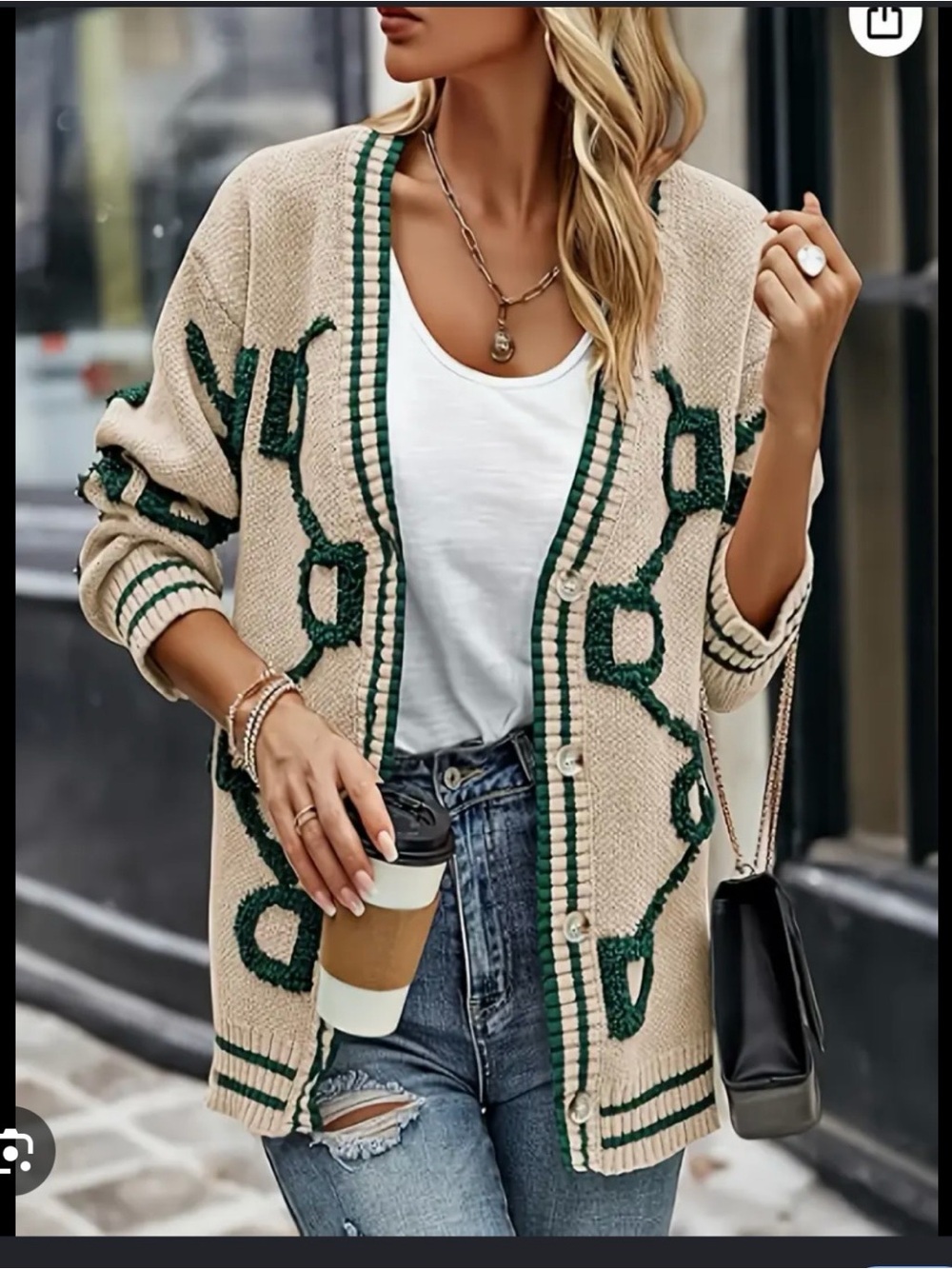 Beige and Green Open-Front Knit Cardigan Sweater